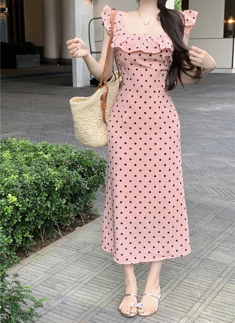 Polka dot package hip dress slim sling long dress
