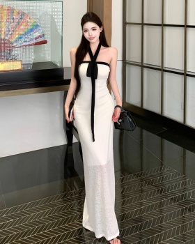 Flat shoulder halter dress pinched waist long dress
