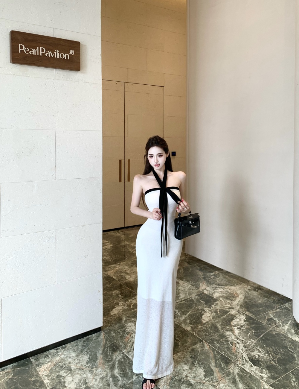 Flat shoulder halter dress pinched waist long dress