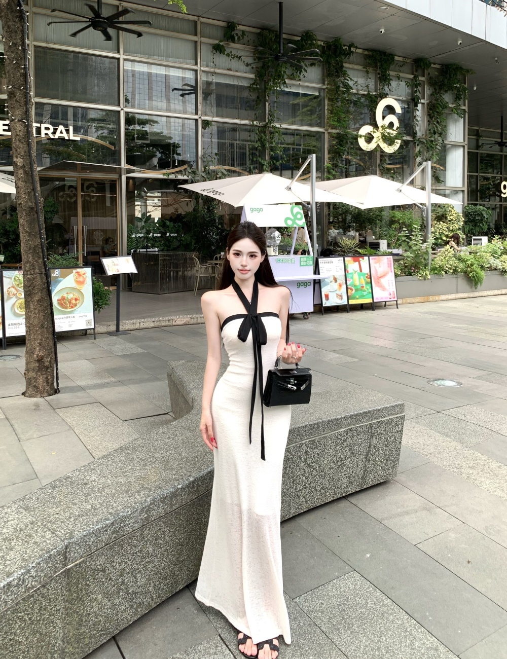 Flat shoulder halter dress pinched waist long dress