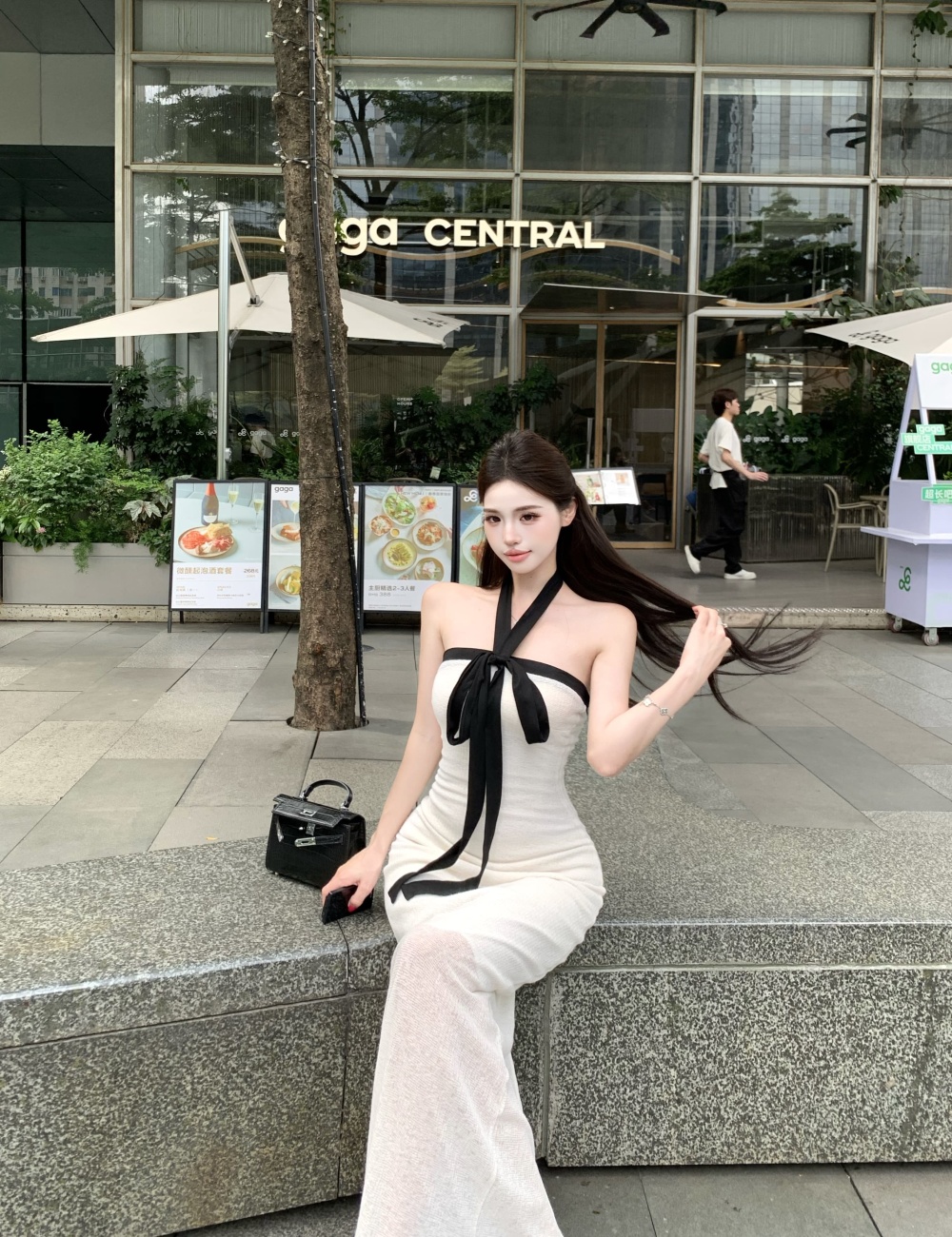 Flat shoulder halter dress pinched waist long dress