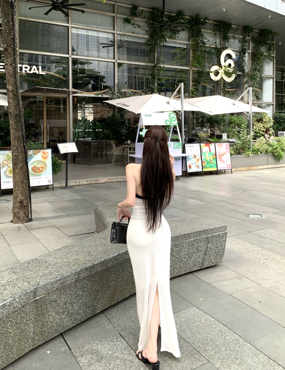 Flat shoulder halter dress pinched waist long dress