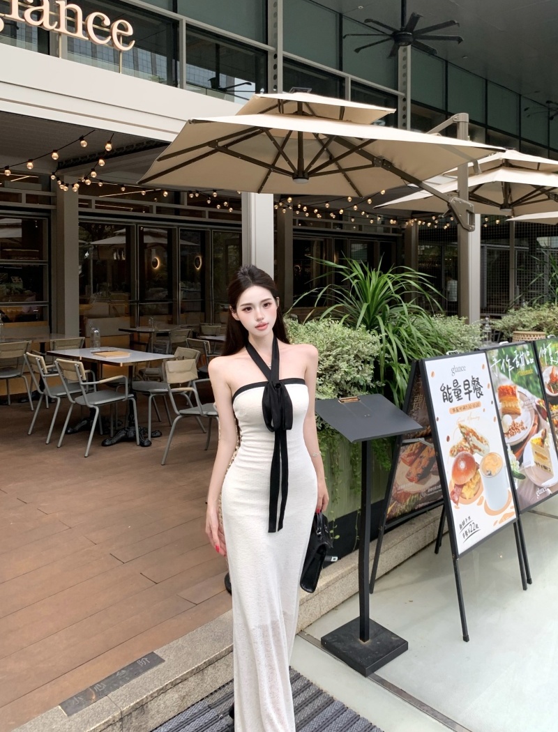 Flat shoulder halter dress pinched waist long dress