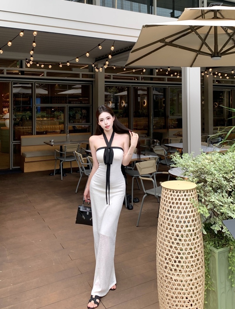 Flat shoulder halter dress pinched waist long dress