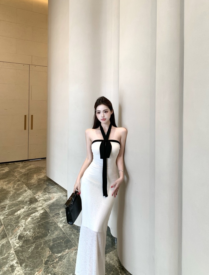 Flat shoulder halter dress pinched waist long dress