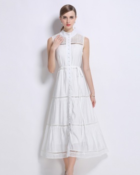 Long splice hollow sleeveless buckle fashion vacation dress