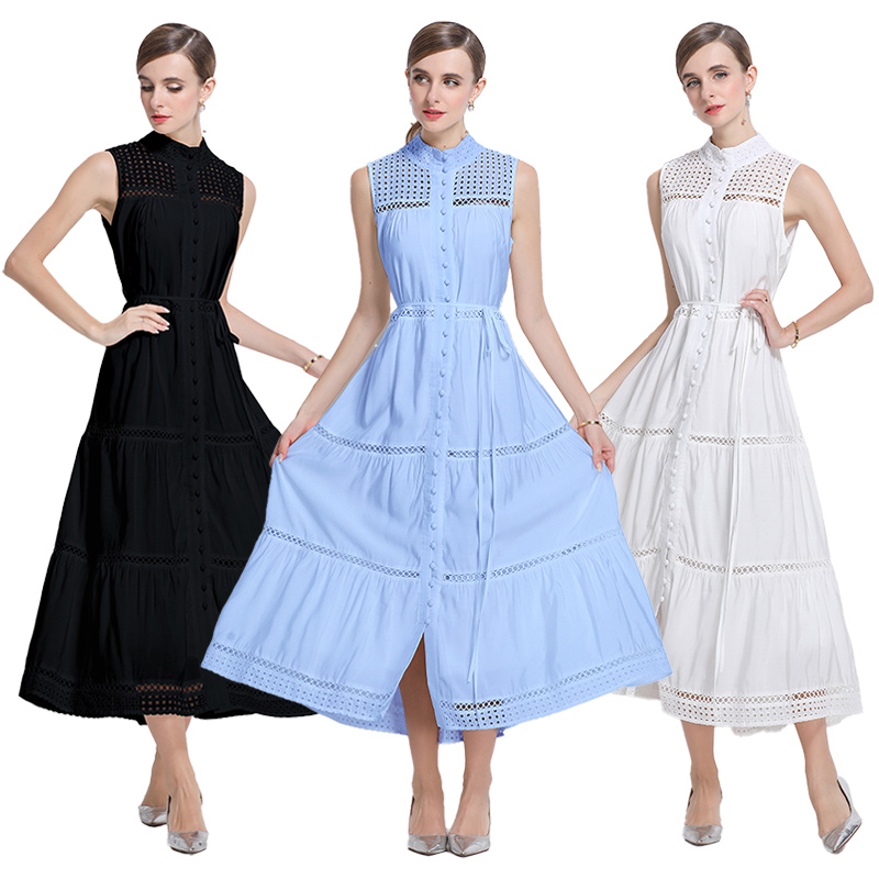Long splice hollow sleeveless buckle fashion vacation dress