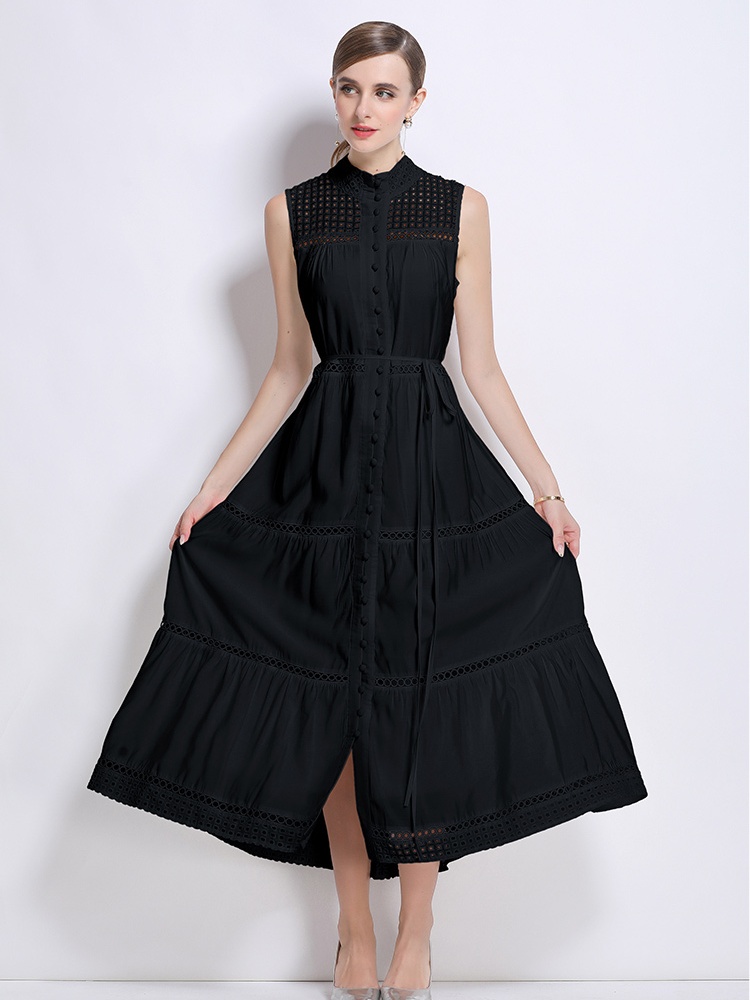Long splice hollow sleeveless buckle fashion vacation dress