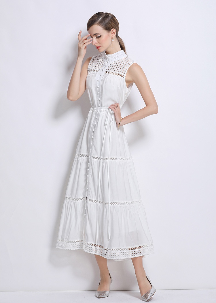 Long splice hollow sleeveless buckle fashion vacation dress