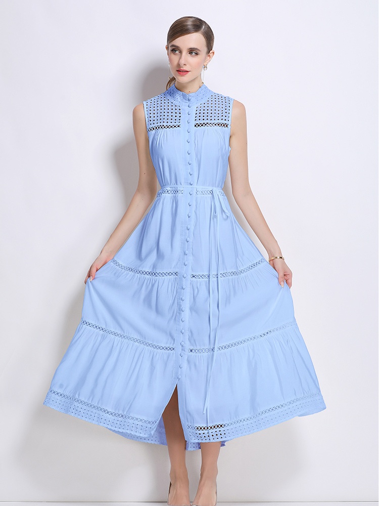 Long splice hollow sleeveless buckle fashion vacation dress