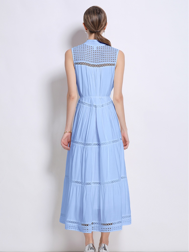 Long splice hollow sleeveless buckle fashion vacation dress