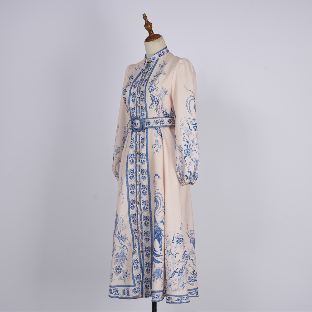Retro cstand collar belt European style dress
