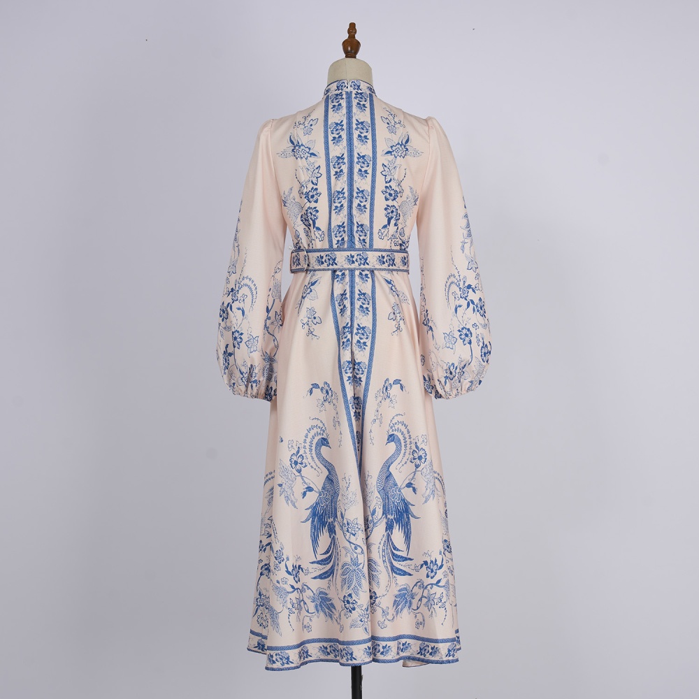 Retro cstand collar belt European style dress