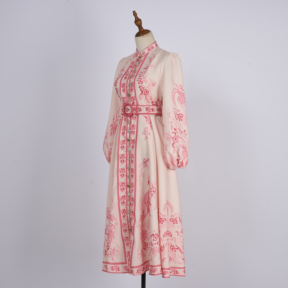Retro cstand collar belt European style dress