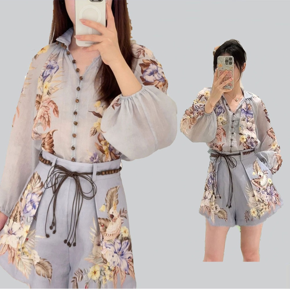Vacation lantern sleeve printing belt pocket retro shorts