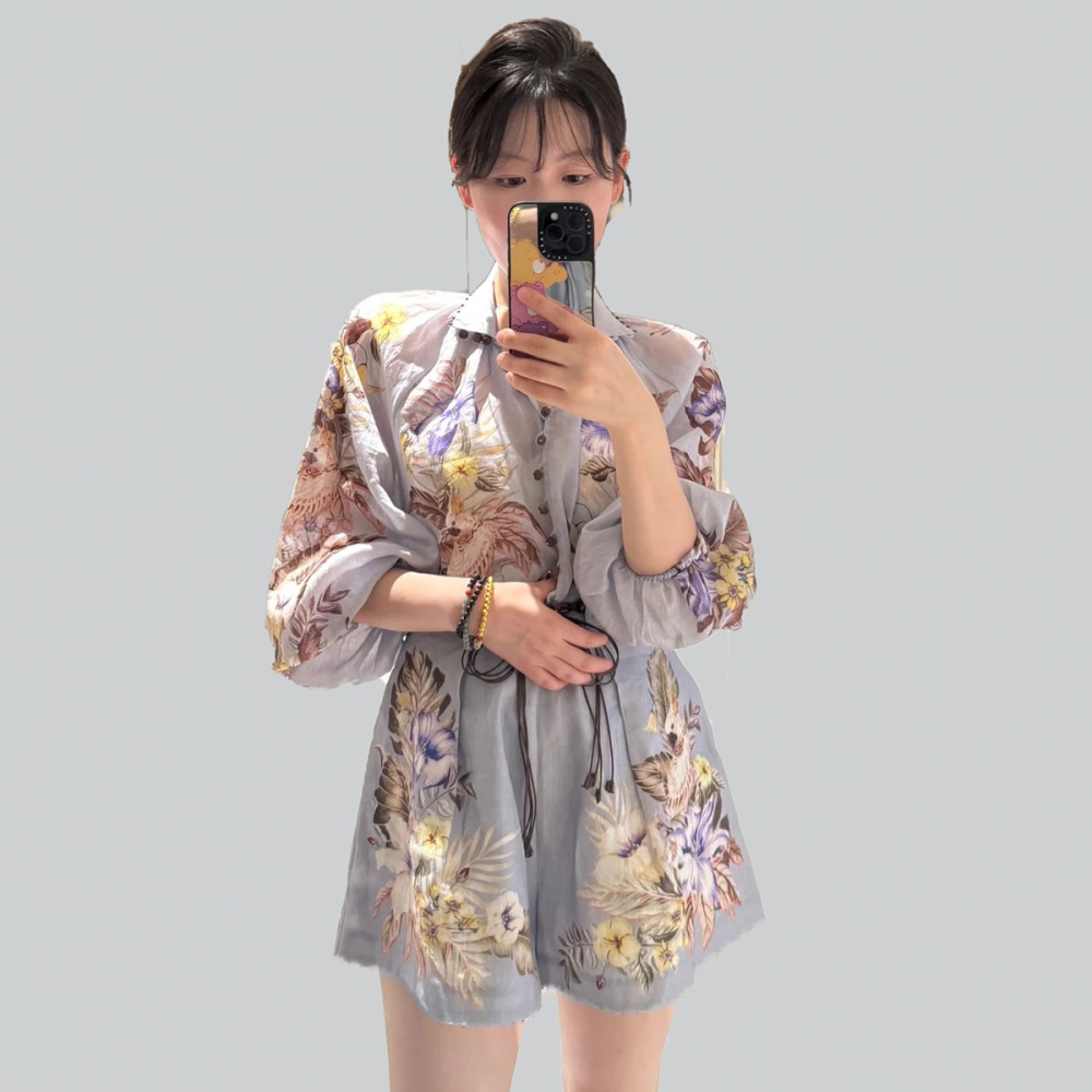 Vacation lantern sleeve printing belt pocket retro shorts