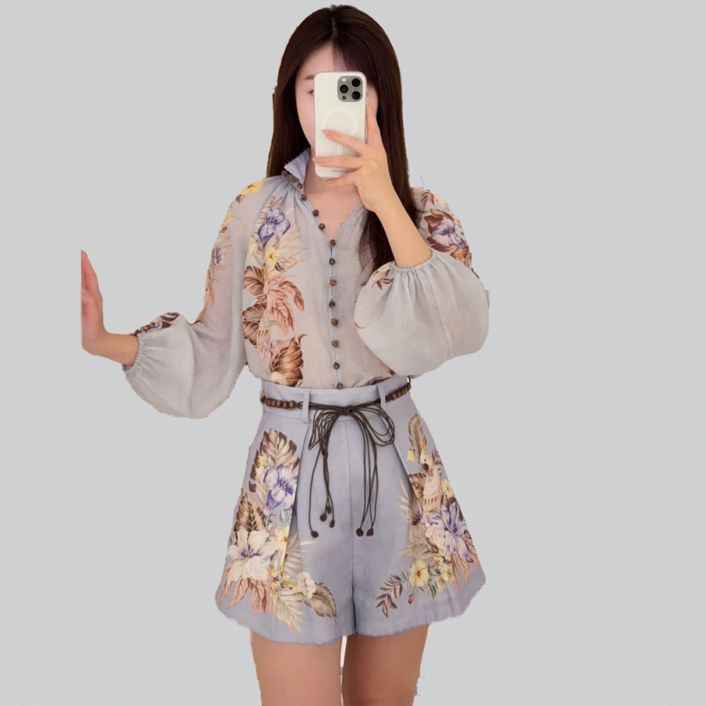 Vacation lantern sleeve printing belt pocket retro shorts