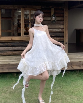 Sling lotus leaf edges sloping shoulder dress