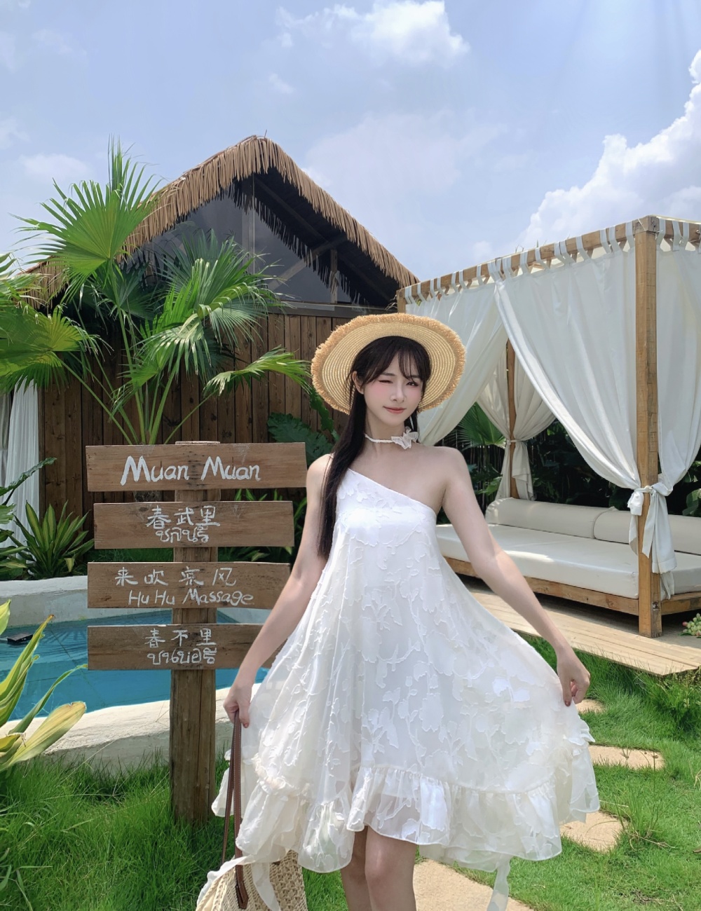 Sling lotus leaf edges sloping shoulder dress