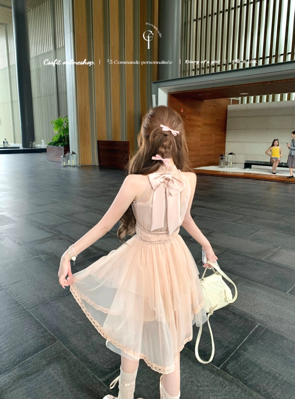 Pink halter T-back bow irregular hem dress