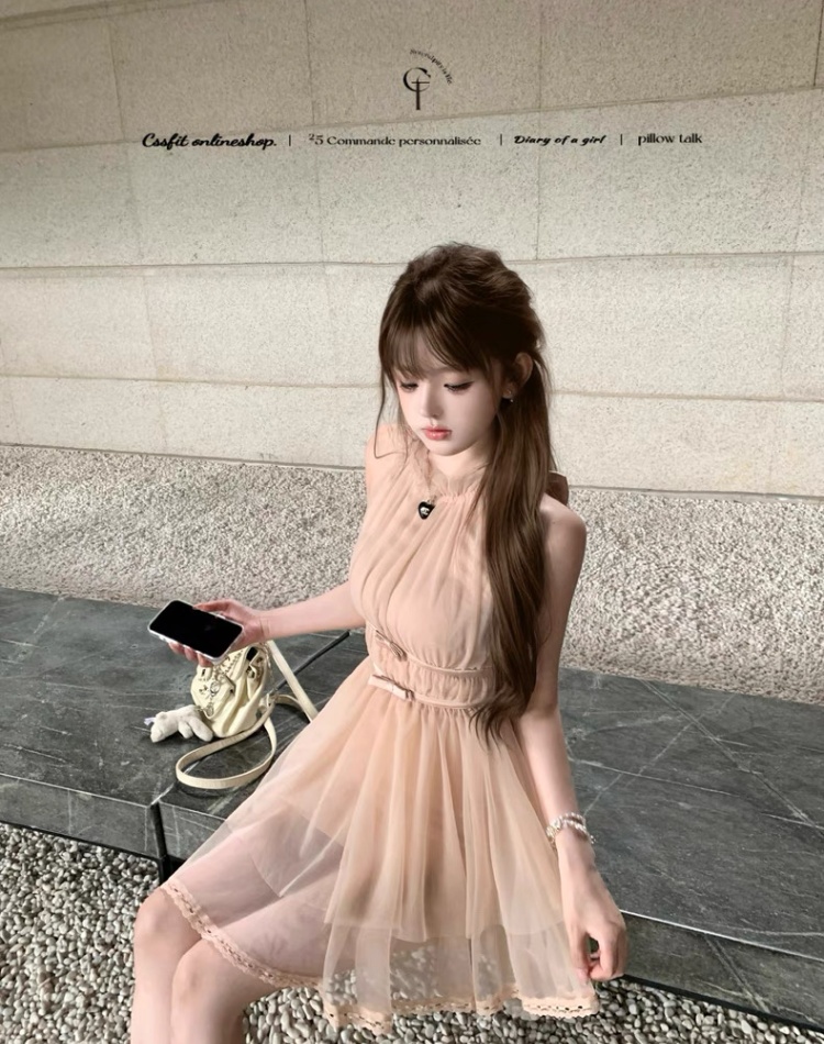Pink halter T-back bow irregular hem dress