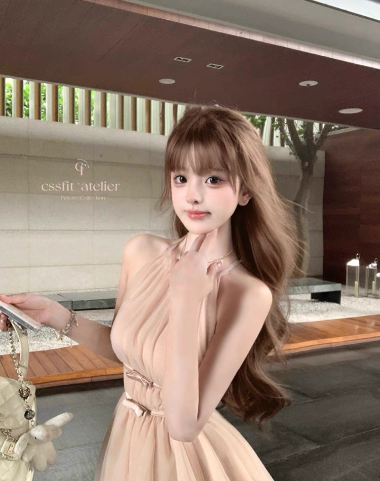 Pink halter T-back bow irregular hem dress