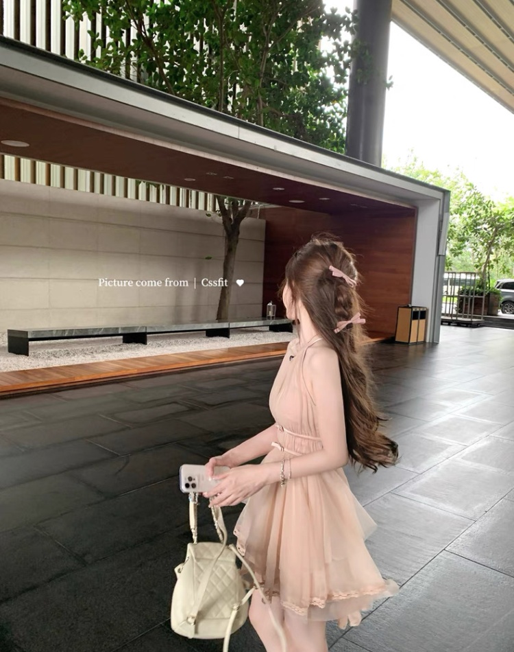 Pink halter T-back bow irregular hem dress