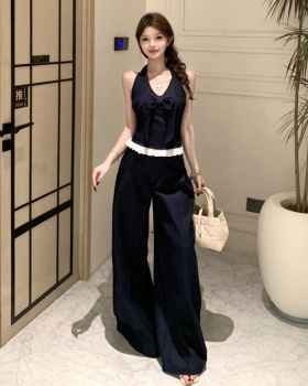 Halter denim vest wide leg casual pants 2pcs set for women