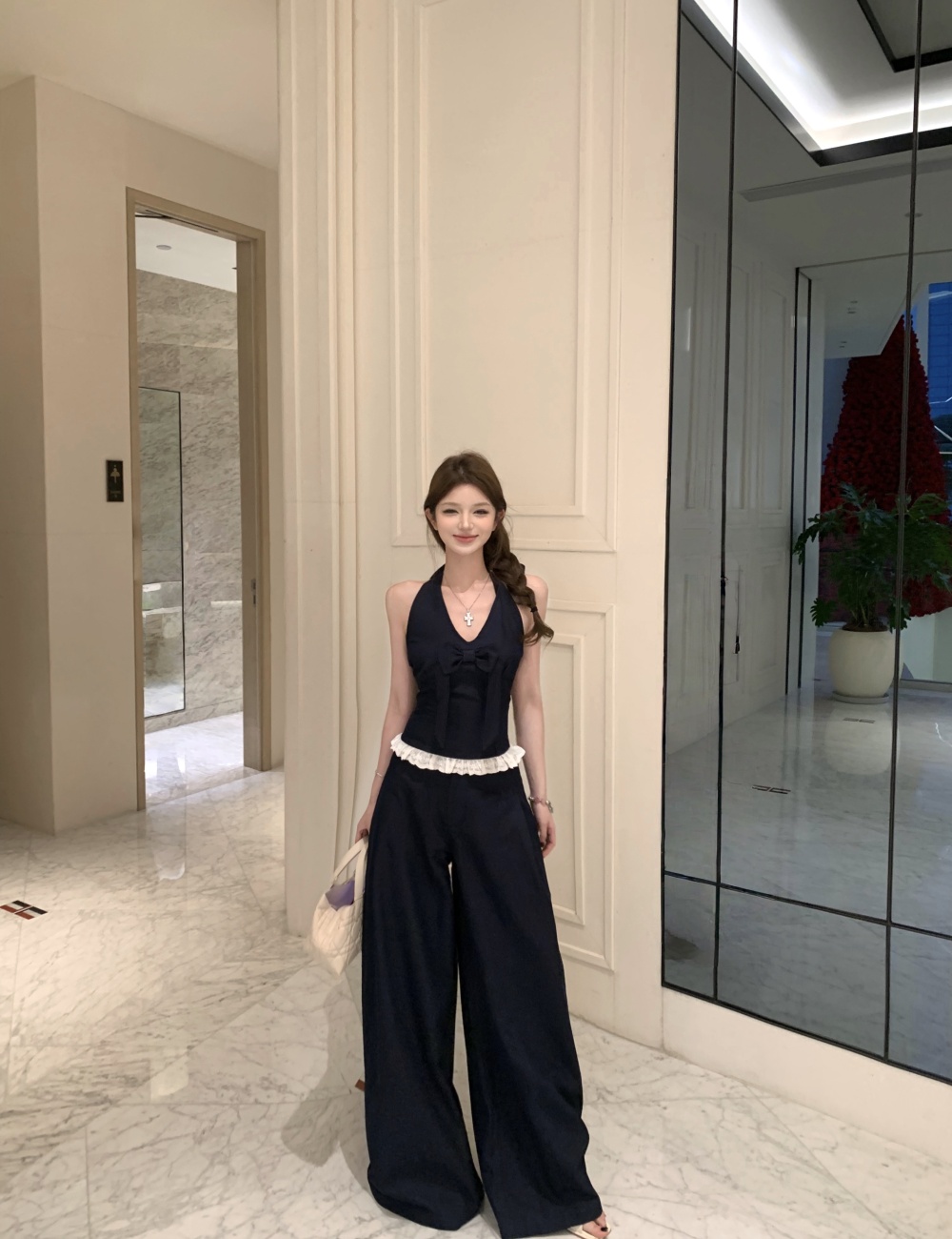 Halter denim vest wide leg casual pants 2pcs set for women