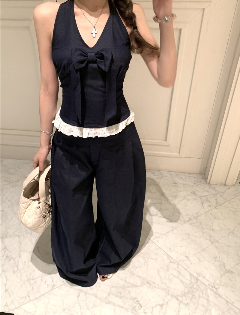 Halter denim vest wide leg casual pants 2pcs set for women