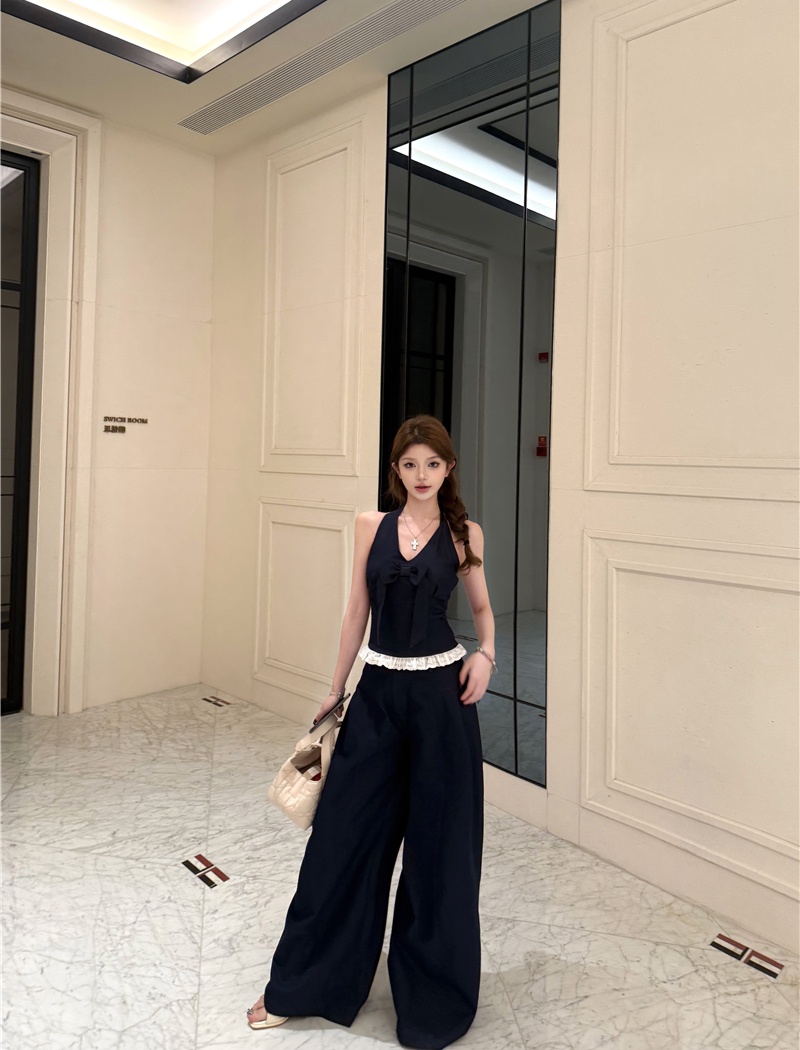 Halter denim vest wide leg casual pants 2pcs set for women