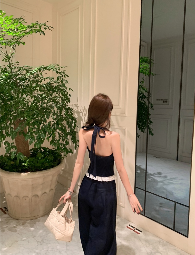 Halter denim vest wide leg casual pants 2pcs set for women