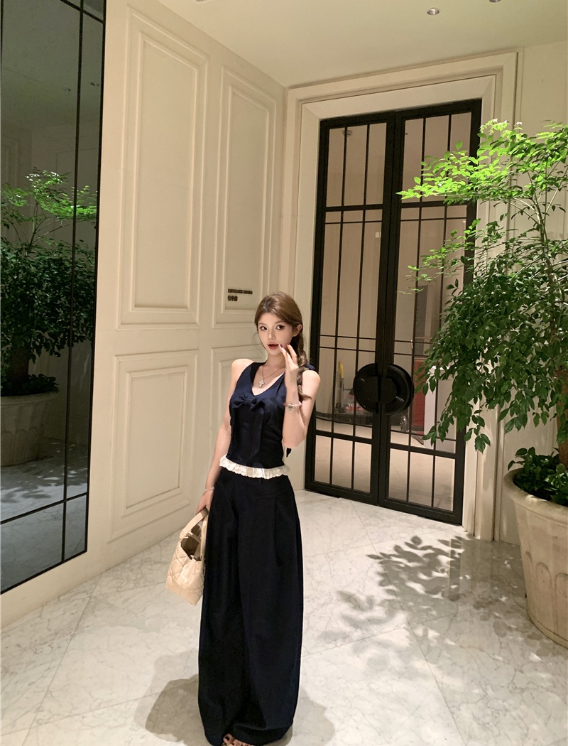 Halter denim vest wide leg casual pants 2pcs set for women