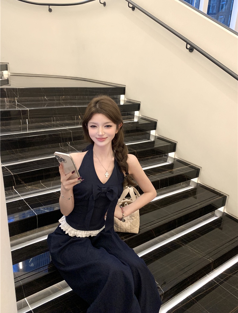 Halter denim vest wide leg casual pants 2pcs set for women