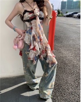Floral irregular wide leg pants slim retro jeans for women