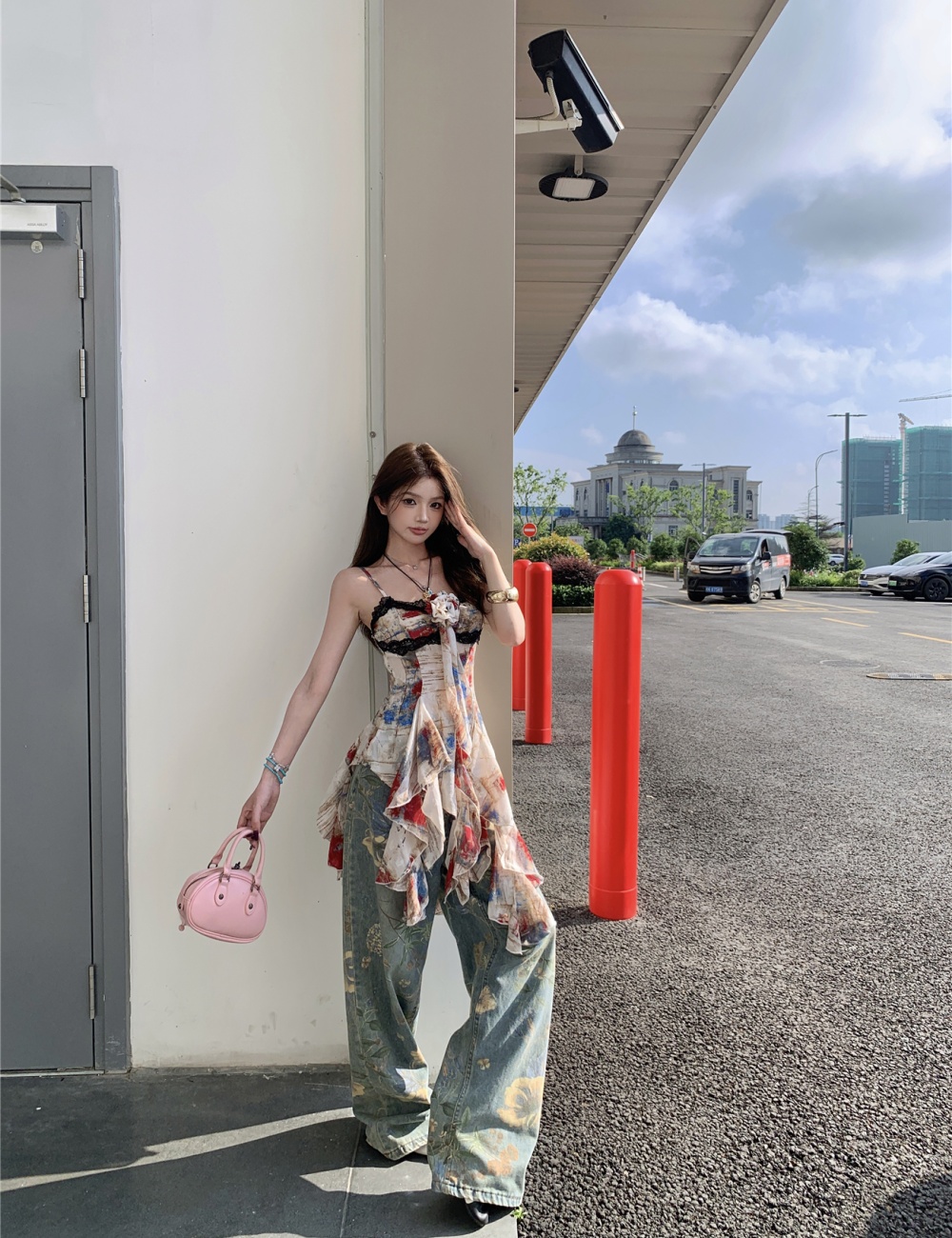 Floral irregular wide leg pants slim retro jeans for women