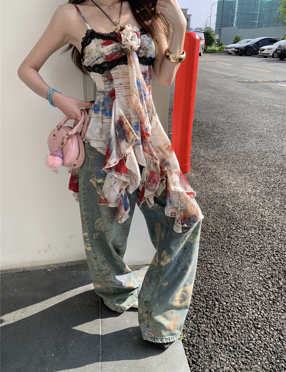 Floral irregular wide leg pants slim retro jeans for women