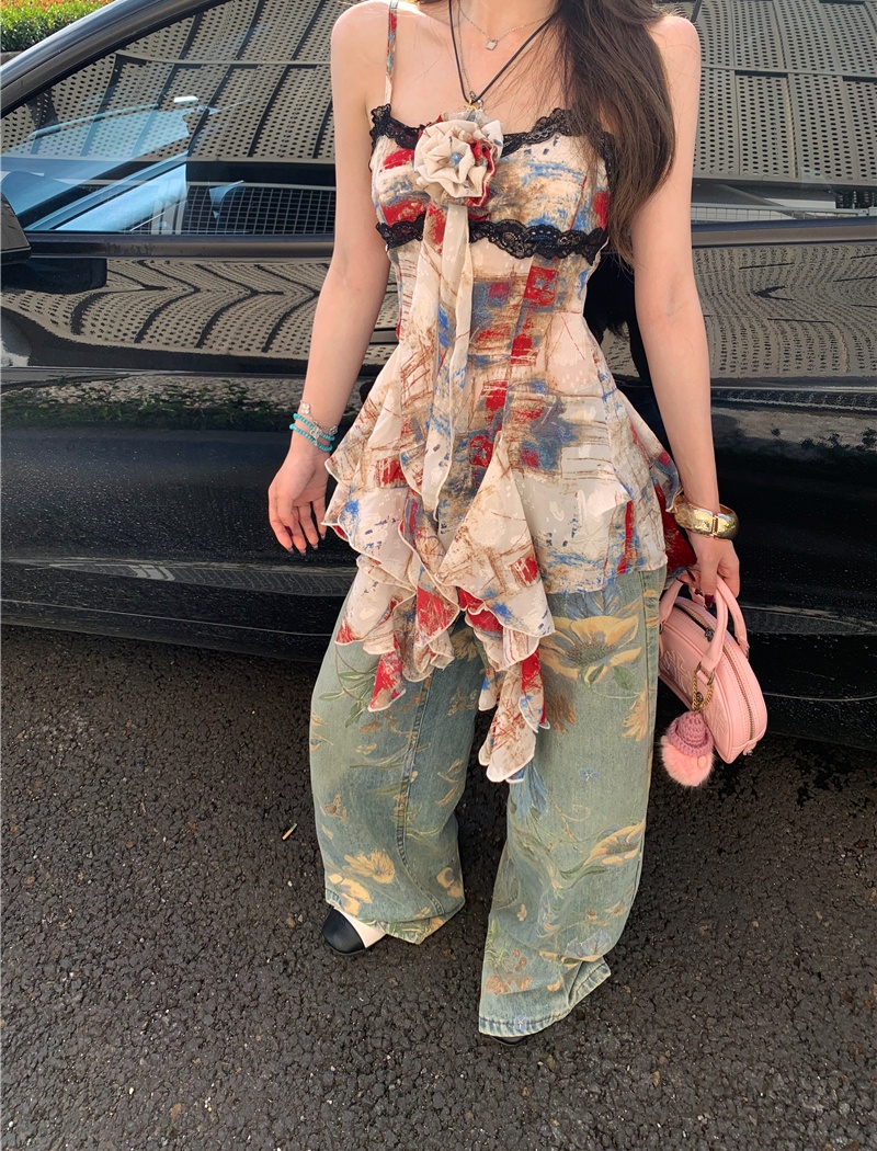 Floral irregular wide leg pants slim retro jeans for women