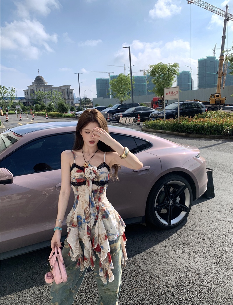 Floral irregular wide leg pants slim retro jeans for women