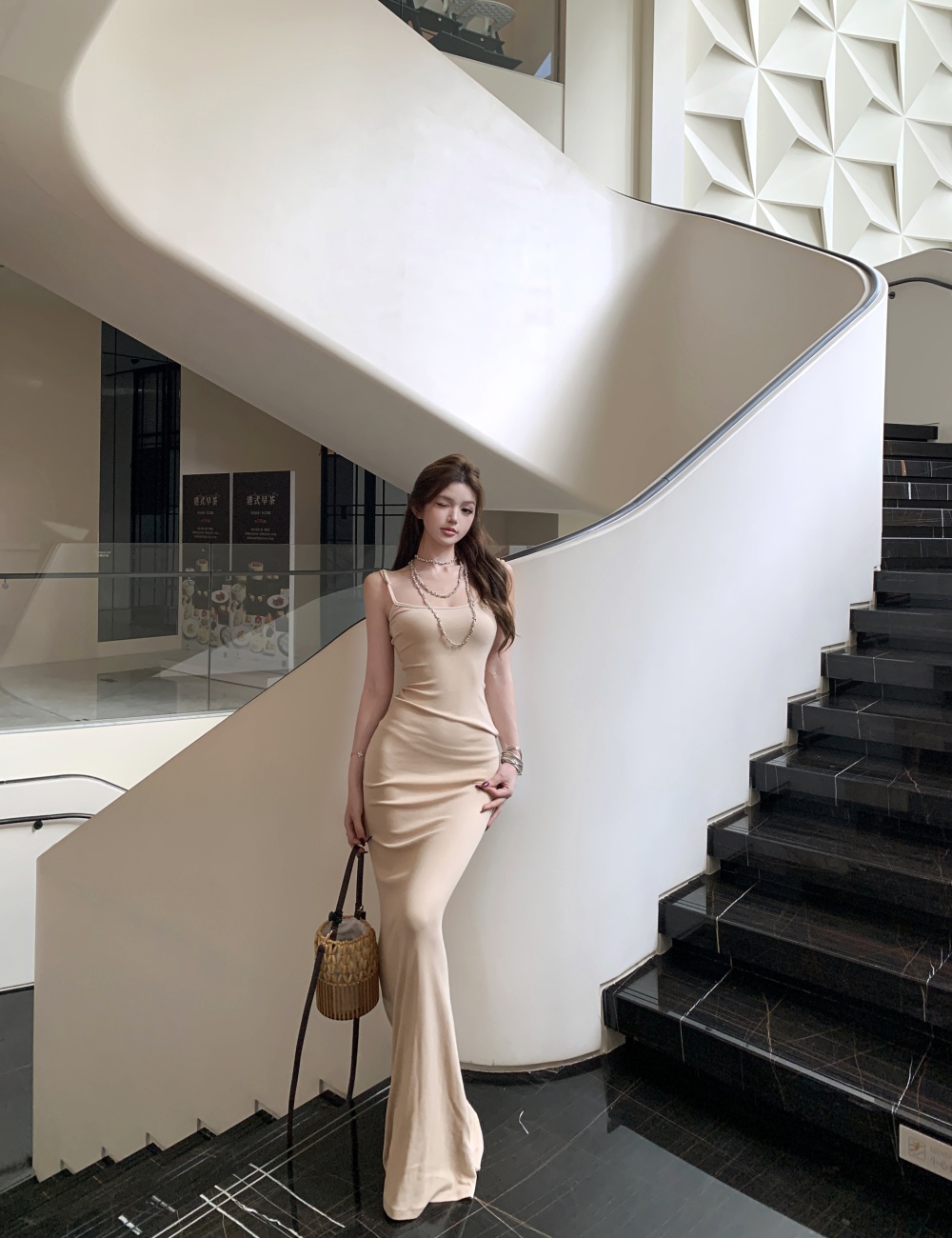 Slim nude color dress mermaid sling long dress