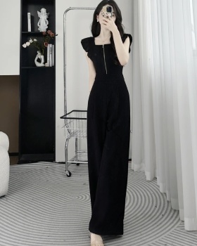 Black wide leg jumpsuit slim leotard for women