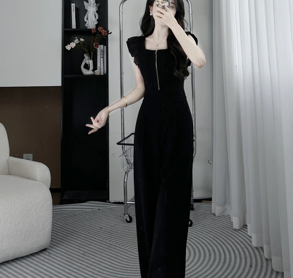 Black wide leg jumpsuit slim leotard for women