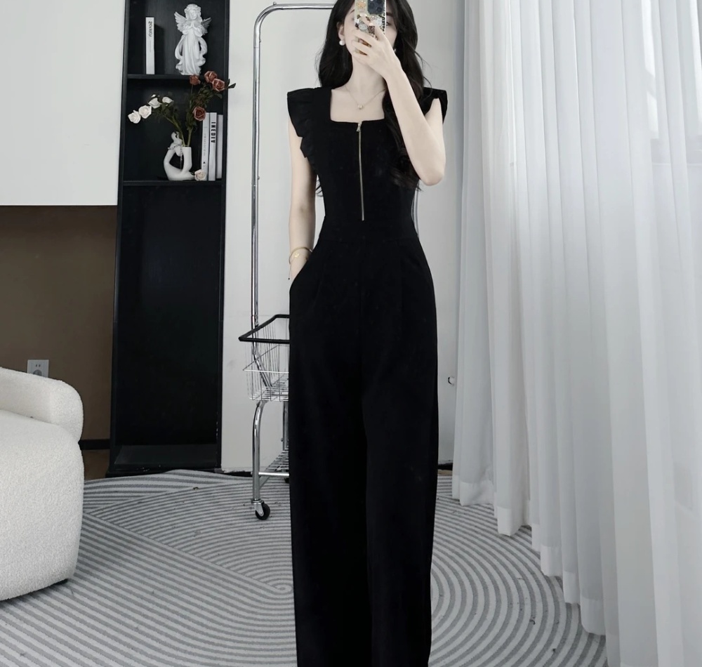 Black wide leg jumpsuit slim leotard for women