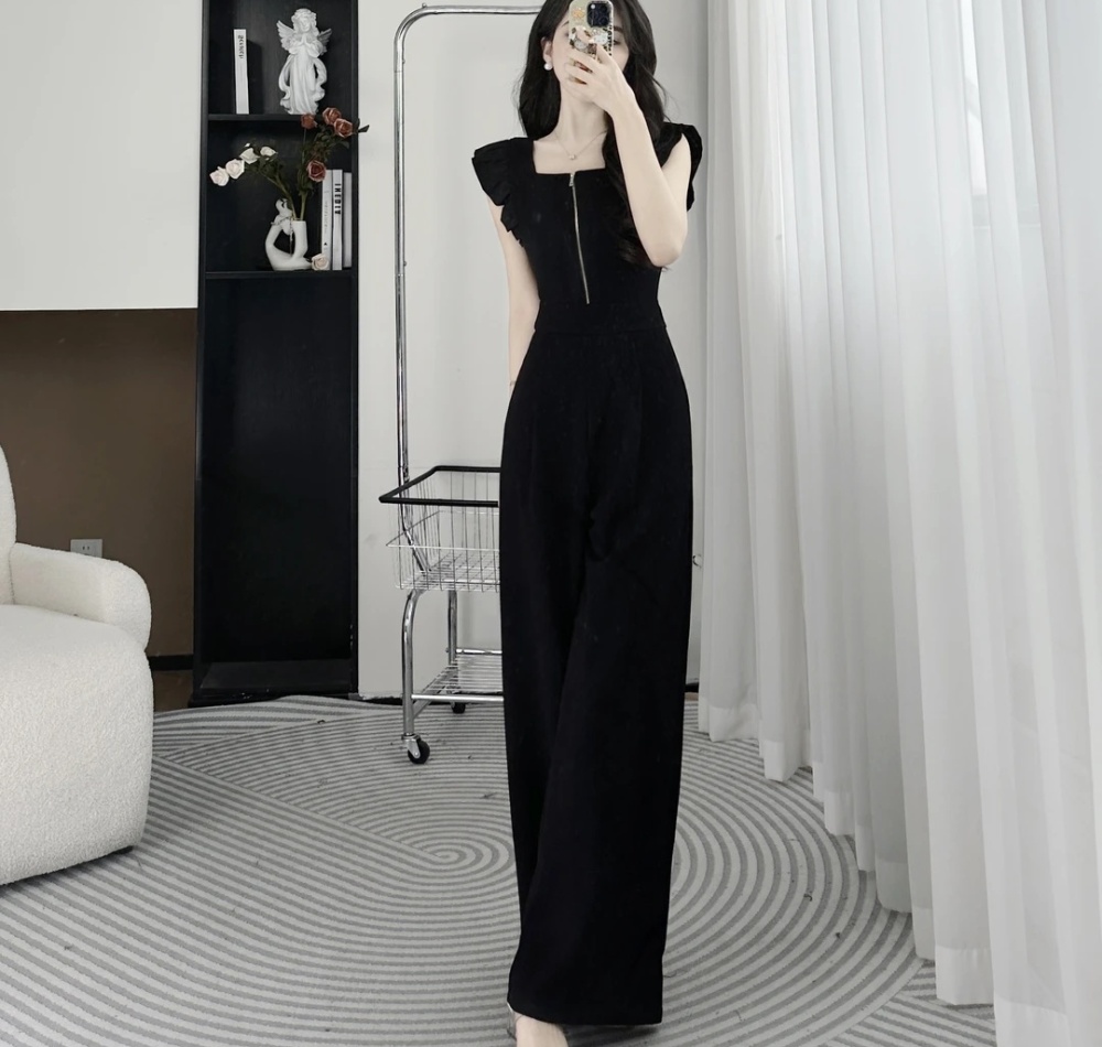 Black wide leg jumpsuit slim leotard for women