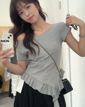 Slim horizontal collar tops lotus leaf summer T-shirt