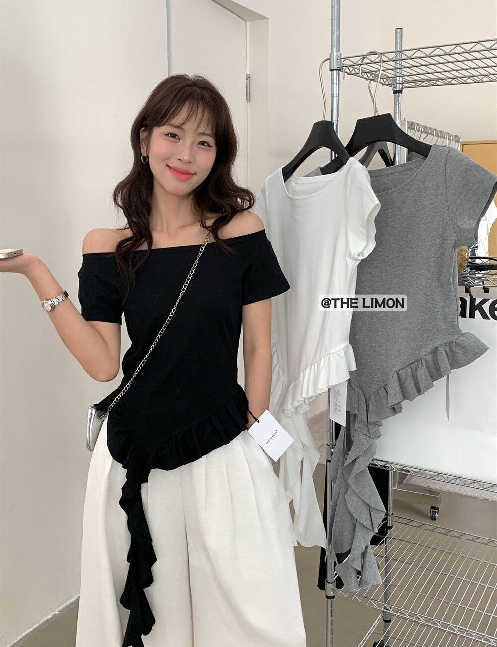Slim horizontal collar tops lotus leaf summer T-shirt