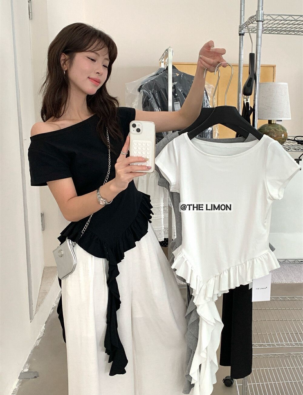 Slim horizontal collar tops lotus leaf summer T-shirt