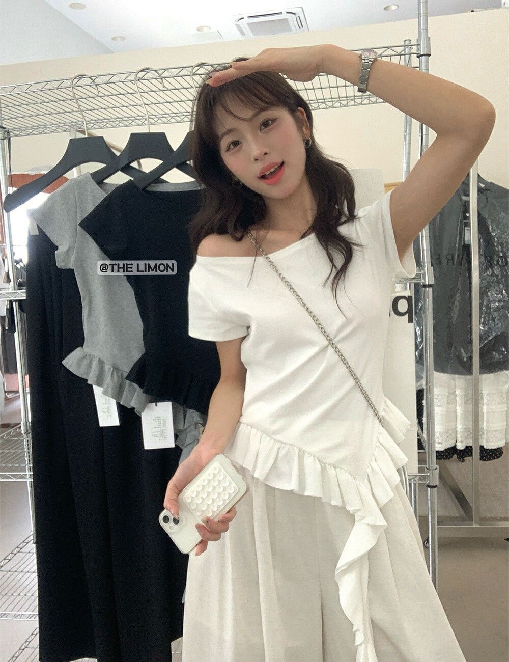 Slim horizontal collar tops lotus leaf summer T-shirt