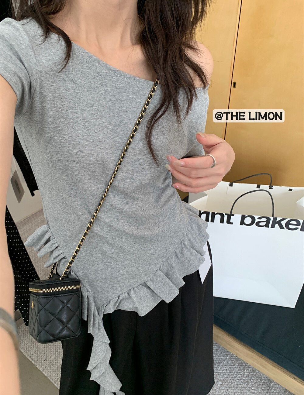 Slim horizontal collar tops lotus leaf summer T-shirt