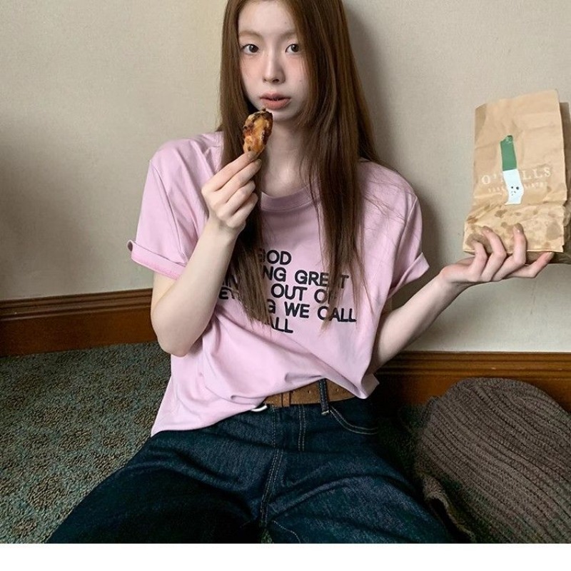 Pure cotton short sleeve T-shirt unique pink tops